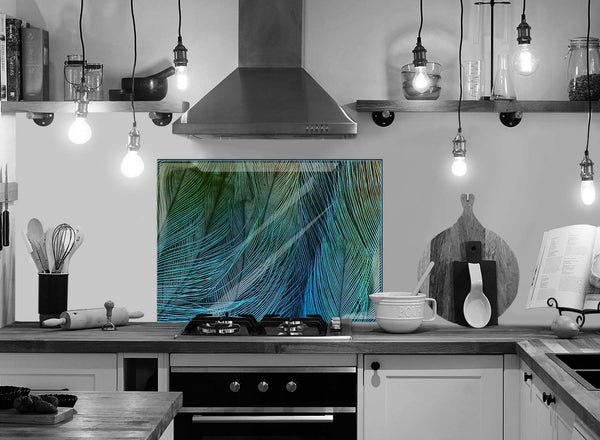 panou decorativ din sticla imprimata model pene multicolor