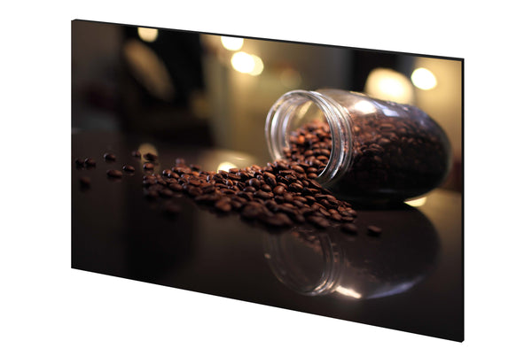 perspectiva panou sticla decorativa pentru bucatarie, model borcan si boabe cafea