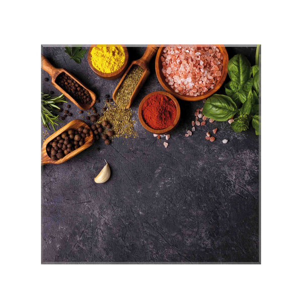 sticla printata securizata pentru bucatarie, model condimente pe piatra , dimensiuni 650x600 mm