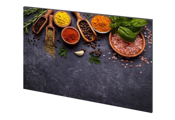 perspectiva panou decorativ din sticla printata, dimensiuni 900x650 mm, model condimente pe piatra