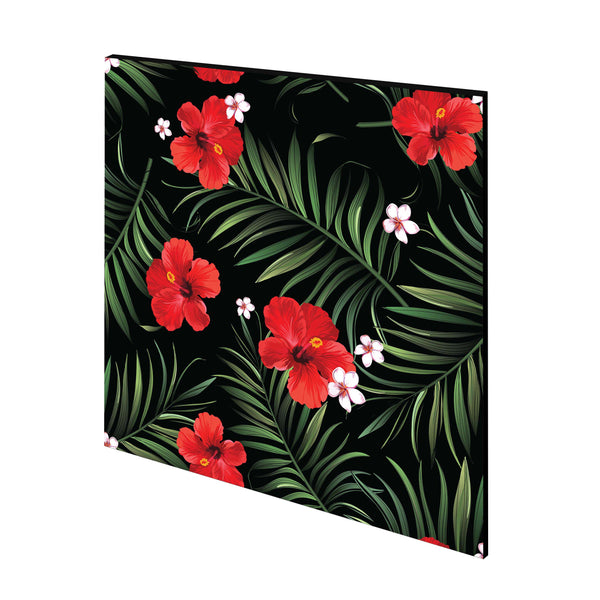 perspectiva panou decorativ model tropical cu frunze palmier, flori rosii pe fundal negru