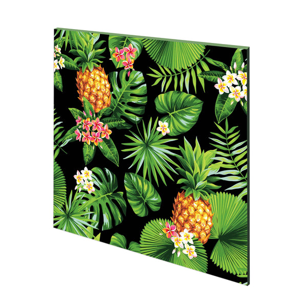 panou sticla imprimata pentru bucatarie, cu model frunze si flori tropicale, ananas pe fundal negru