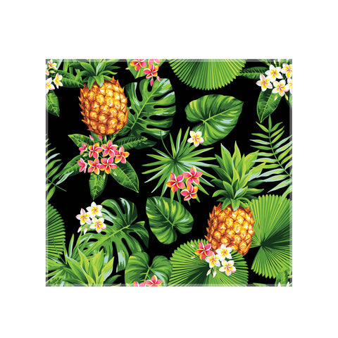 panou decorativ sticla printata pentru bucatarie cu model frunze si flori tropicale, ananas