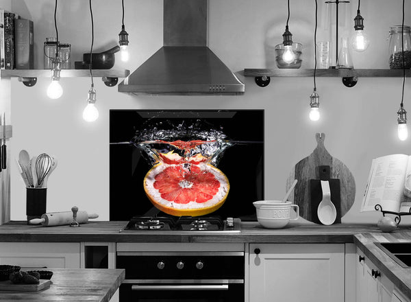 panou decorativ pentru bucatarie din sticla printata securizata cu model grapefruit pe fundal negru