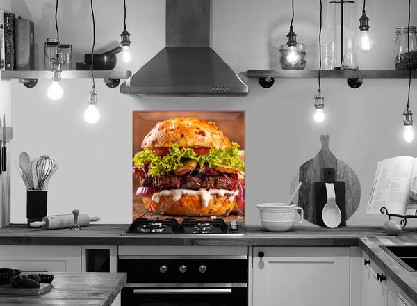 sticla securizata printata pentru bucatarie, dimensiuni 650x650 mm, model imprimare burger