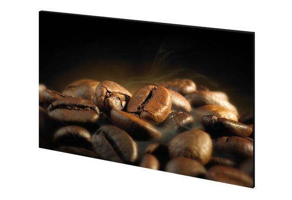 perspectiva panou decorativ pentru bucatarie dimensiuni 900x650mm, din sticla imprimata cu model boabe cafea aburi pe fundal negru