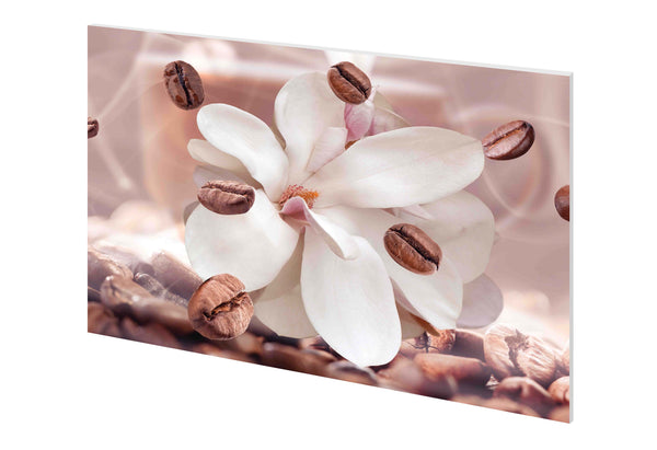 perspectiva panou decorativ din sticla imprimata, model cafea cu flori, culori neutre, dimensiuni 900x650mm