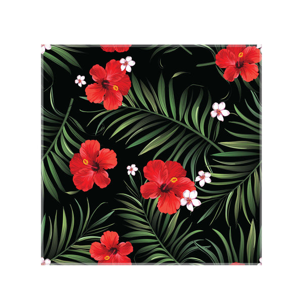 panou decorativ bucatarie din sticla printata model tropical, frunze palmier, flori rosii, fundal negru, dimensiuni 650x600mm