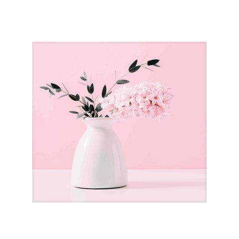 panou decorativ din sticla printata securizata, model zambila roz in vaza, frunze