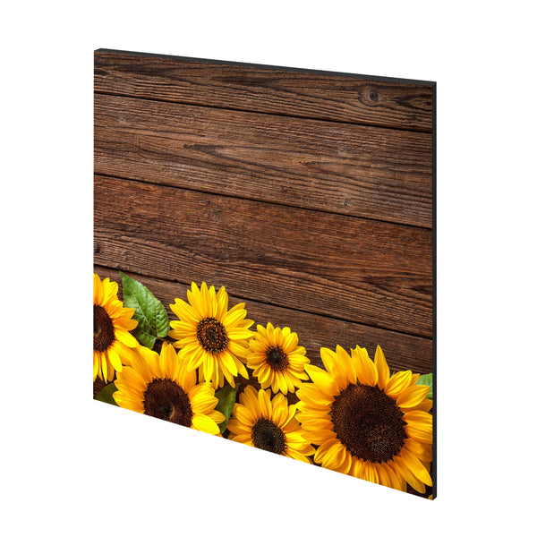 panou decorativ din sticla printata, securizata  model floarea soarelui pe lemn, dimensiuni 650x650 mm perspectiva