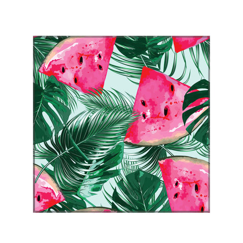 panou decorativ din sticla printata model pene rosu si frunze palmier, design tropical
