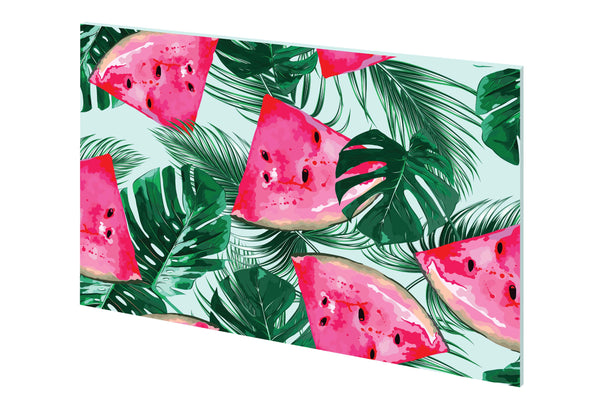 panou decorativ din sticla printata model pene rosu si frunze palmier, design tropical