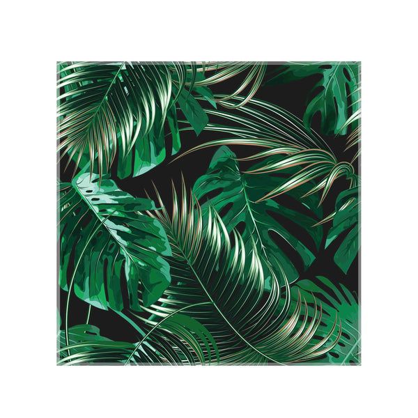 panou decorativ din sticla printata, model frunze tropicale, monstera, palmier